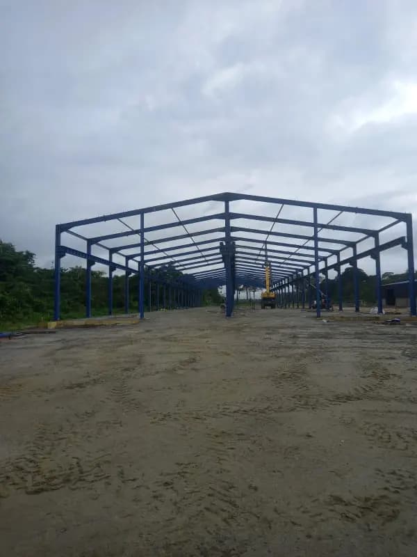 Steel portal frame erected on site